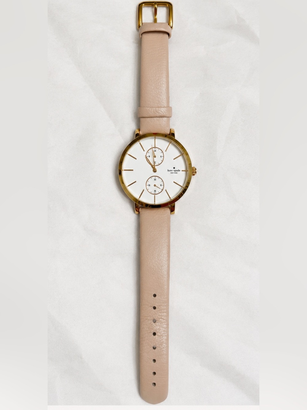 kate spade Beige Leather Strap Watch with Gold-Tone Case and White Dial
